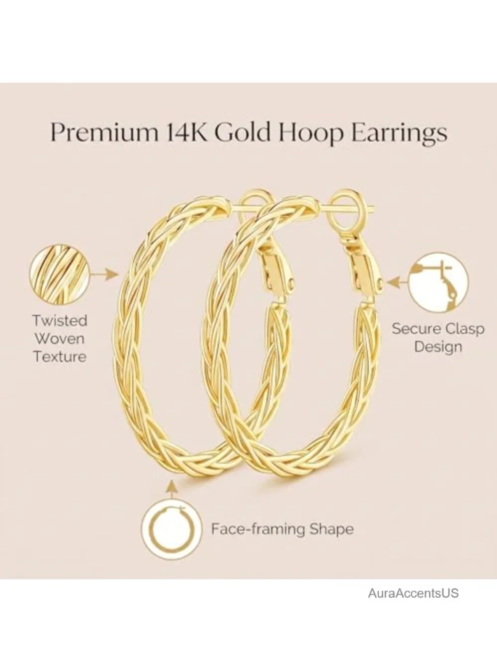 14K Gold Twisted Hoop Earrings for Women Fine Weave Hypoallergenic 30MM